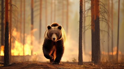 Wall Mural - The fiery backdrop mirrors the fierce spirit of the brown bear as it forges ahead