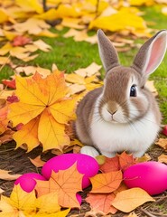 Wall Mural - small bunny sitting next to colorfully colored eggs on grass