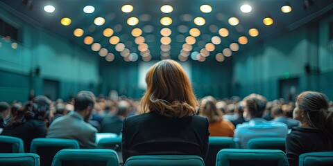 Wall Mural - Defocused image of a busy conference room with people attending meetings and presentations in a corporate setting