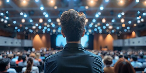 Wall Mural - Defocused image of a crowded convention center with people attending seminars and presentations in a corporate setting