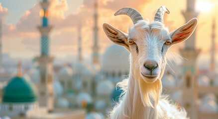  happy goat with mosque background, ramadan kareem concept, ramadhan banner template, ramadan celebration