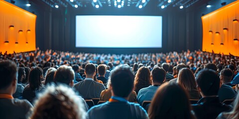 Wall Mural - Defocused image of a crowded convention center with people attending seminars and presentations in a corporate setting