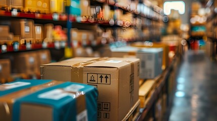 a number of boxes sitting in front of shelves in a store