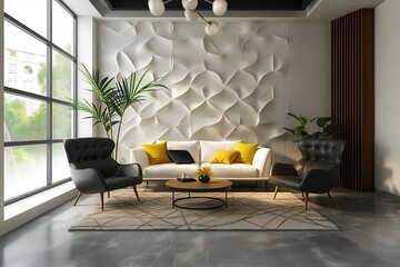 Wall Mural - a living room decorated in white and yellow with a black ceiling