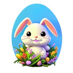 Canvas Print - AI generated illustration of an Easter cartoon bunny holding flowers with head on oval background