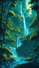 Poster - a waterfall with mossy trees and a light shining at the top