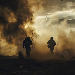 Wall Mural - AI generated illustration of soldiers sprinting in dusty area at sunset