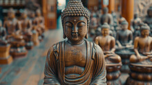 A Buddha Statue Of A Face With A Serene Expression. The Face Is Made Of Metal And Has A Lot Of Detail
