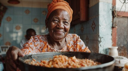 AI generated illustration of a portrait of an old African woman cooking a delicious dish