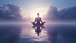 Person meditating in lotus pose at sunrise over water. Serenity and wellness concept for design and print. Reflective tranquil scene with copy space