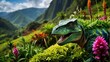 Dinosaur surrounded by grass and flowers, AI-generated.