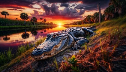 Wall Mural - AI generated illustration of a big alligator basking on a riverbank during sunset