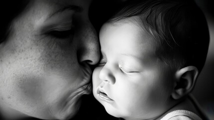 Wall Mural - A mother's gentle kiss on her baby's forehead, a moment of pure bliss and a symbol of lifelong protection.