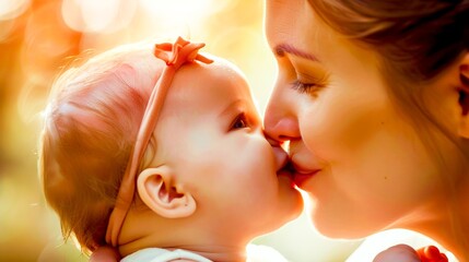 Wall Mural - A mother's gentle kiss on her baby's forehead, a moment of pure bliss and a symbol of lifelong protection.