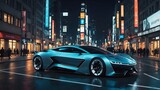 Fototapeta  - Beautiful Futuristic Car Neon City