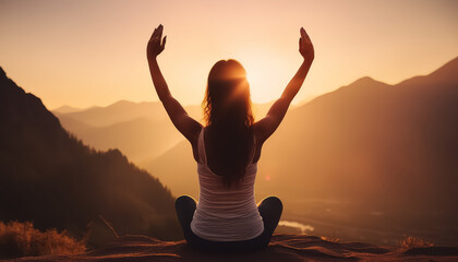 Wall Mural - A woman is standing on a rock by the ocean, with her arms outstretched