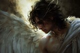 Fototapeta Sport - Divine Angel handsome wings. Male dream. Generate Ai