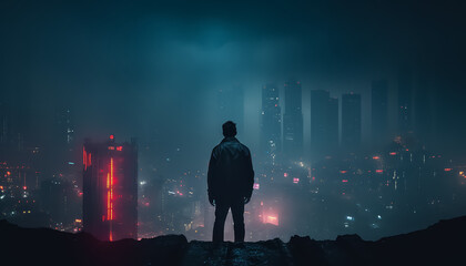 Wall Mural - A man stands in the rain, looking out over a city