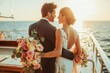 Newlyweds Embracing on Yacht at Sunset. Bride and groom wedding on a luxury modern yacht