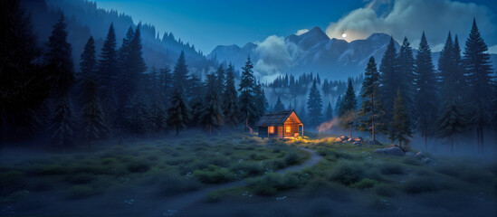 Wall Mural - night landscape with a starry sky and a small cabin in the mountains forest