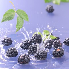 Wall Mural - Blackberries with water splash on purple background