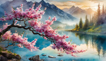 Watercolor Illustration Of Pink Blossom Tree. Branches With Pink Flowers. Beautiful Nature.
