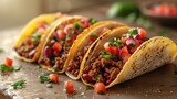 Fototapeta  - Festive Mexican street taco with minimal toppings, Mexican tortilla wrap with chicken and vegetables perfect for restaurant menus, 