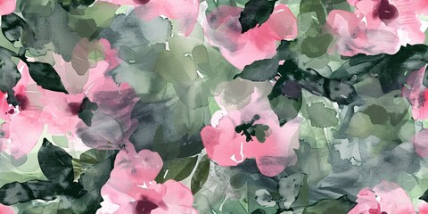 Wall Mural - Elegant watercolor floral print with distressed flower design in shades of pink and green, perfect for textiles, cards, and wallpaper.