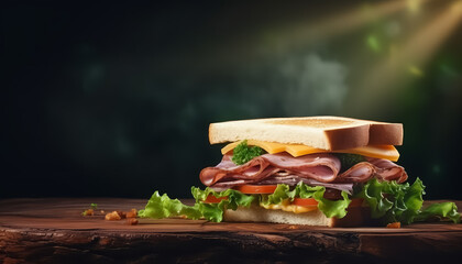 Wall Mural - A sandwich with ham and cheese is on a wooden table