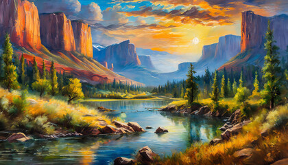 Wall Mural - Oil painting on canvas of beautiful canyon landscape with mountains and blue river. Hand drawn art.