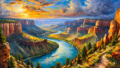 Wall Mural - Oil painting on canvas of beautiful canyon landscape with mountains and blue river. Hand drawn art.