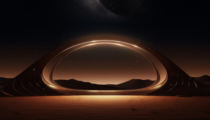 Wall Mural - A large, glowing ring is floating in the sky above a barren landscape