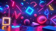 Whimsical shapes dancing in a neon playground 3d style isolated flying objects memphis style 3d render   AI generated illustration