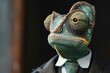 Shrewd Anthropomorphic chameleon businessman. Travel space. Generate Ai