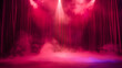 Theater stage light background with spotlight illuminated the stage for opera performance. Empty stage with red curtain, fog, smoke, backdrop decoration. Entertainment show.