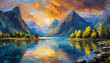 Oil painting on canvas of beautiful fjord landscape with mountains and green nature. Hand drawn art.