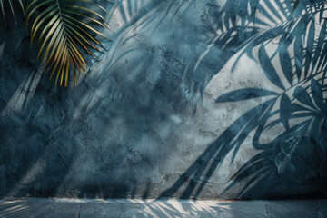 Poster - Dark grey wall with tropical palm leaf shadow. Beautiful abstract background concept banner for summer vacation