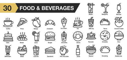 Wall Mural - Set of 30 food and beverages icon set. Includes cake, mango, pancake, pizza, salad, rice, salad, and More. Outline icons vector collection.