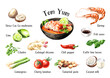 Asian Tom Yum soup recipe ingredients set. Hand drawn watercolor illustration, isolated on white background