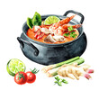 Asian soup Tom Yum with shrimps, Hand drawn watercolor illustration, isolated on white background
