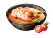 Bowl of Asian soup Tom Yum soup with shrimps. Hand drawn watercolor illustration, isolated on white background