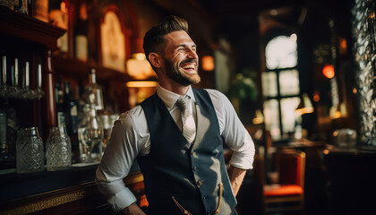 A man with a beard is sitting at a bar with a drink in front of him