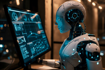 Robot android computer technician and software analyst programming a computer for a sales and marketing business while on the internet, stock illustration image