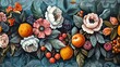 A highly detailed painting of various flowers and fruits.