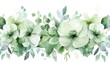 A seamless watercolor floral pattern with white and green flowers and leaves on a transparent background.