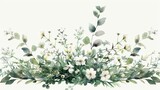 Fototapeta  - A watercolor painting of a floral arrangement with white flowers and green leaves.
