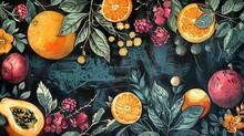 A Dark Blue Background With A Variety Of Fruits And Plants Painted On It In A Vintage Style.