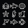 © Ranadhie - A set of nine icon illustration of a unique Ocean animals concept. octopus, tuna, shell, starfish, Seahorses, seals, Dolphins, tuna, angler fish. Set collection of animals Icons. Simple line art style