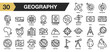 © spacepixel - Set of 30 geography icon set. Includes gps, globe, earth, compass, crayon, planet, stone, and More. Outline icons vector collection.