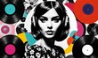 Abstract contemporary modern pop art collage of woman and record decks portrait made of various and colorful geometric shapes and paint strokes.